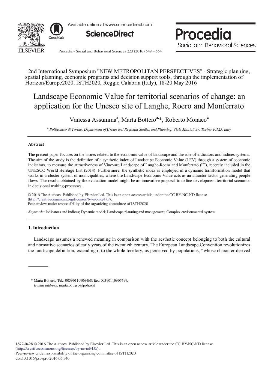 Landscape Economic Value for Territorial Scenarios of Change: An Application for the Unesco Site of Langhe, Roero and Monferrato 