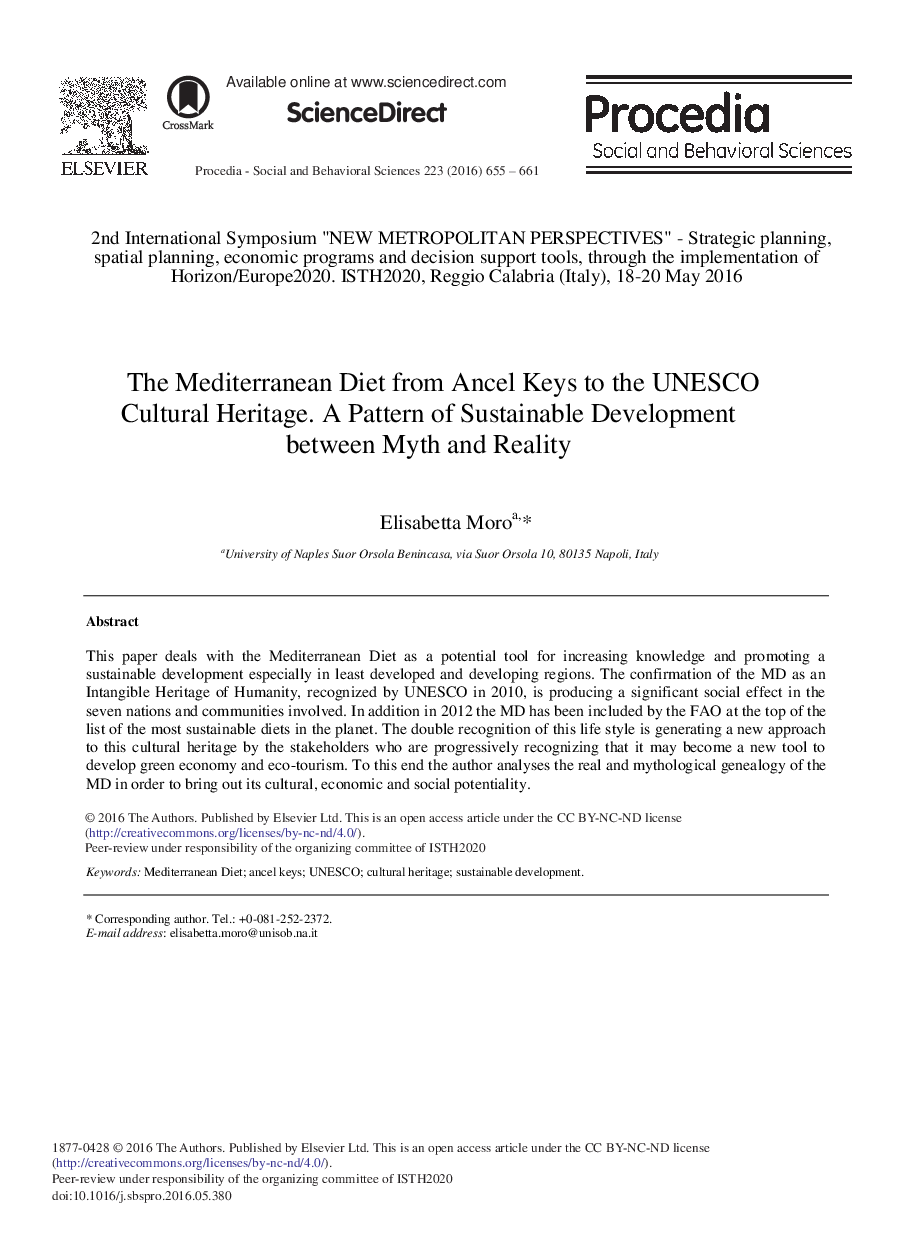 رژیم غذایی مدیترانه ای از کلید انسل در میراث فرهنگی یونسکو. یک الگوی توسعه پایدار بین افسانه و واقعیت