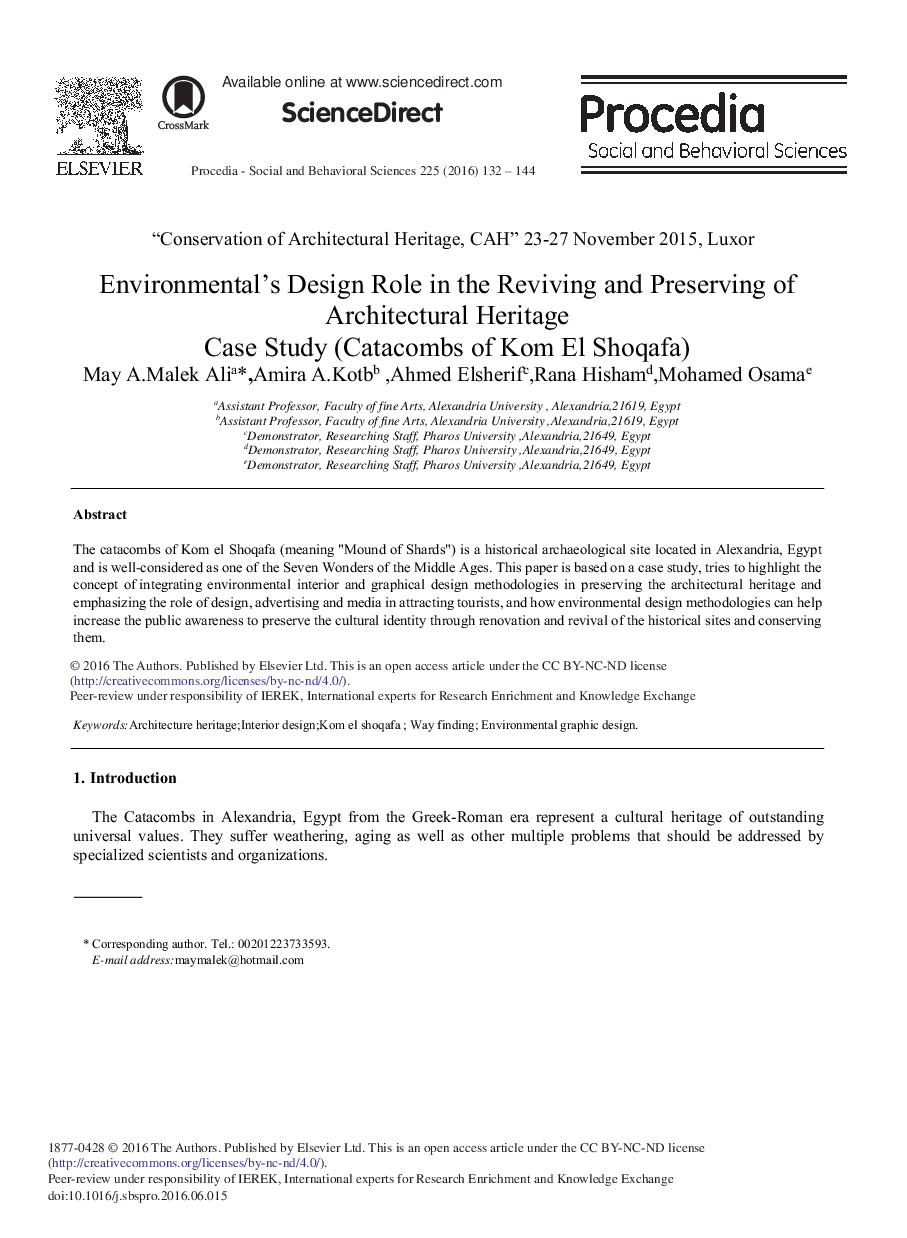 Environmental's Design Role in the Reviving and Preserving of Architectural Heritage Case Study (Catacombs of Kom El Shoqafa) 