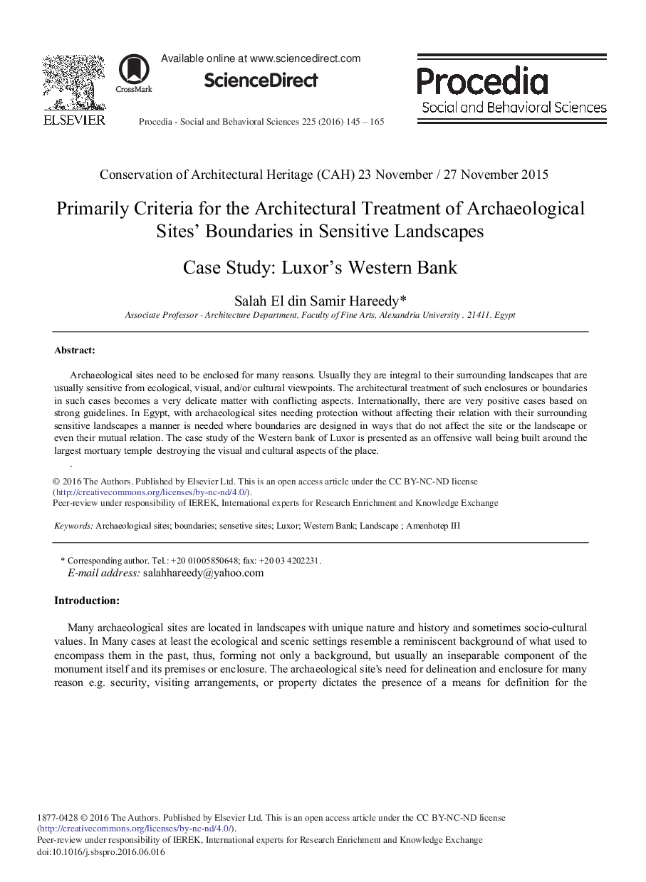 Primarily Criteria for the Architectural Treatment of Archaeological Sites’ Boundaries in Sensitive Landscapes Case Study: Luxor's Western Bank 