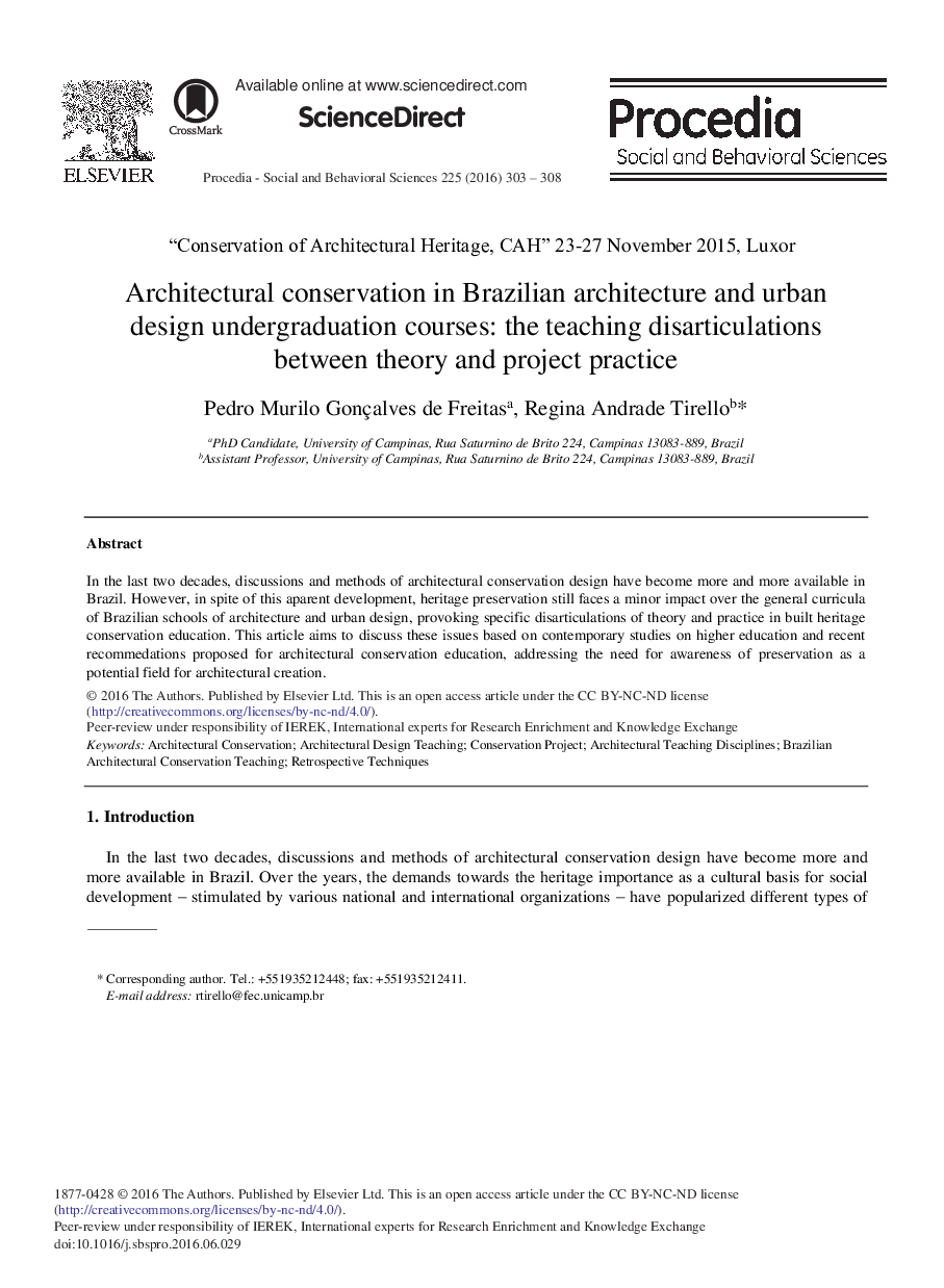 Architectural Conservation in Brazilian Architecture and Urban Design Undergraduation Courses: The Teaching Disarticulations between Theory and Project Practice 