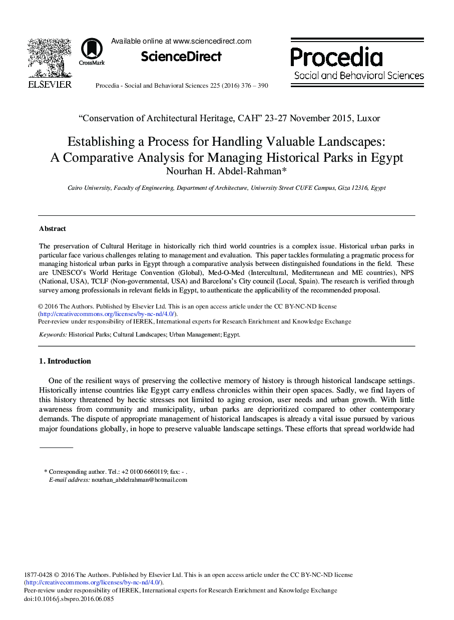 Establishing a Process for Handling Valuable Landscapes: A Comparative Analysis for Managing Historical Parks in Egypt 