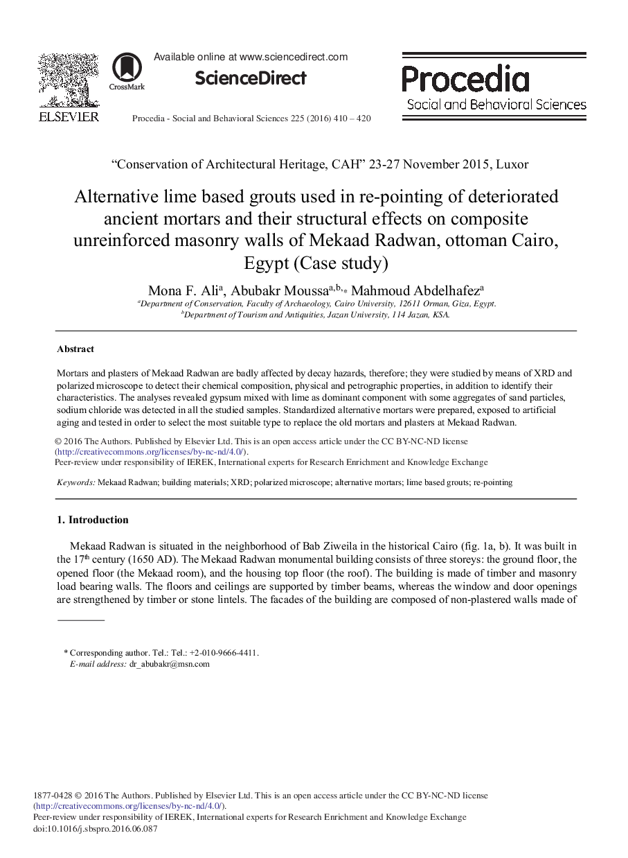 Alternative Lime Based Grouts Used in Re-pointing of Deteriorated Ancient Mortars and their Structural Effects on Composite Unreinforced Masonry Walls of Mekaad Radwan, Ottoman Cairo, Egypt (Case Study) 