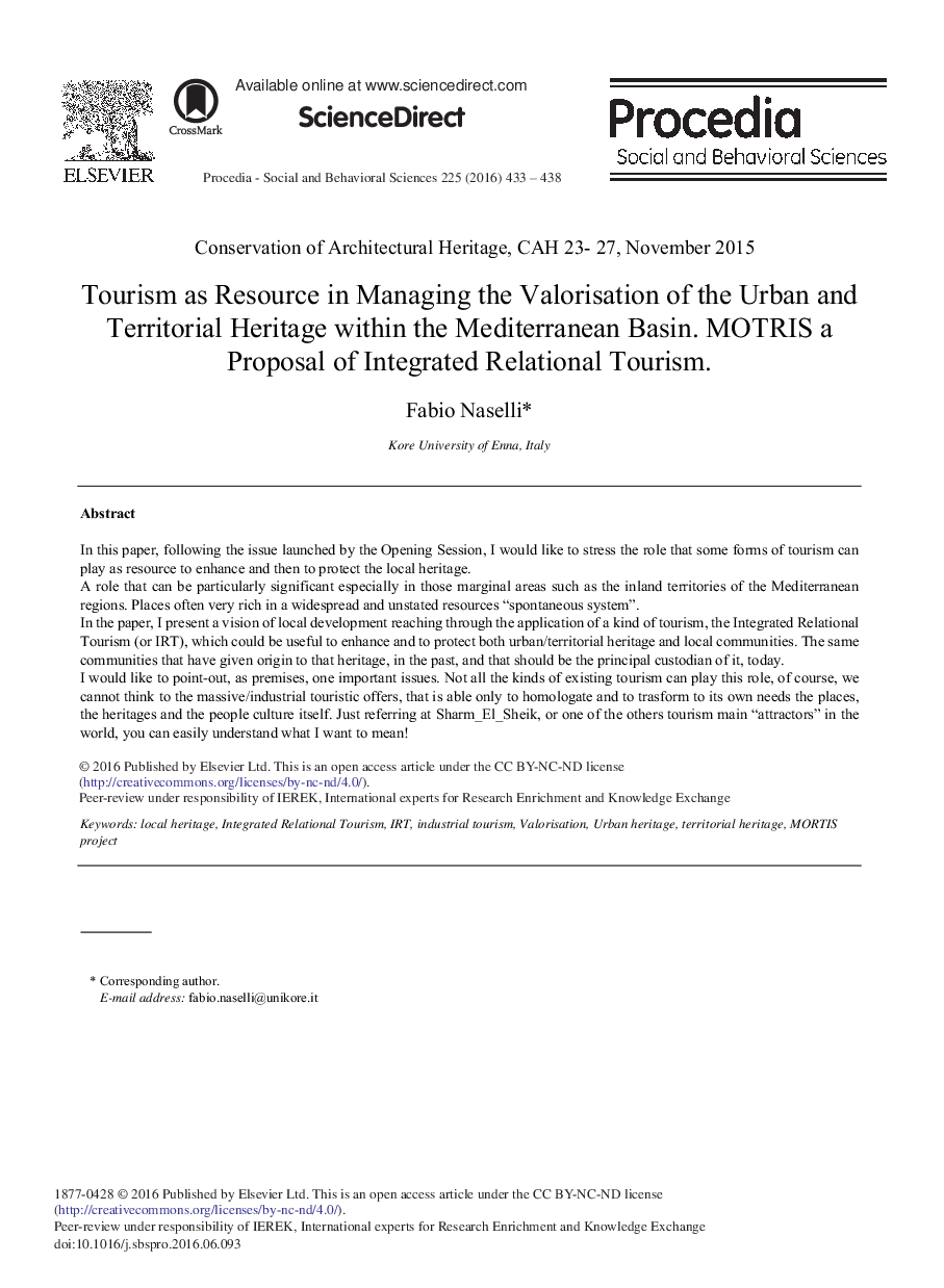 Tourism as Resource in Managing the Valorisation of the Urban and Territorial Heritage within the Mediterranean Basin. MOTRIS a Proposal of Integrated Relational Tourism 