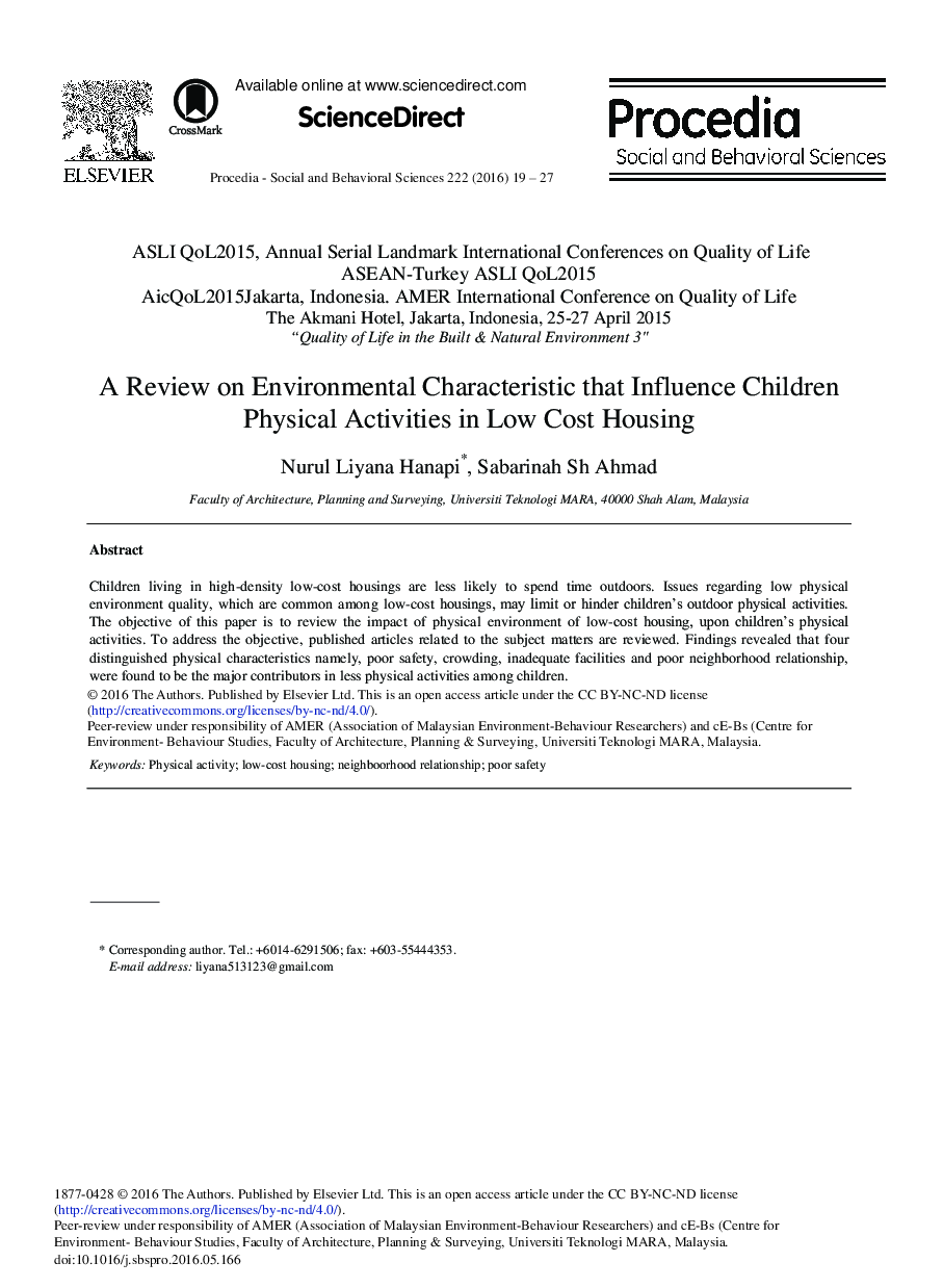 A Review on Environmental Characteristic that Influence Children Physical Activities in Low Cost Housing 