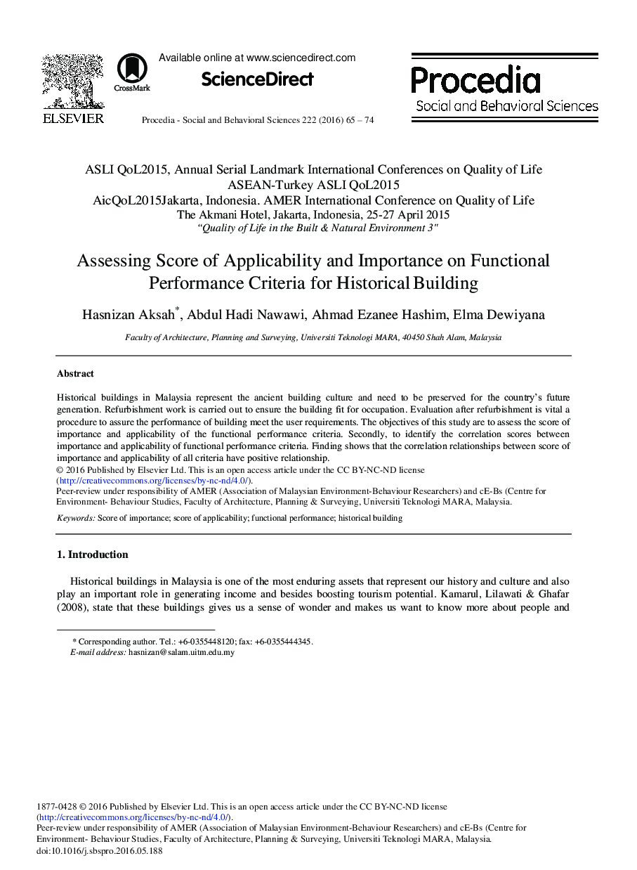 Assessing Score of Applicability and Importance on Functional Performance Criteria for Historical Building 