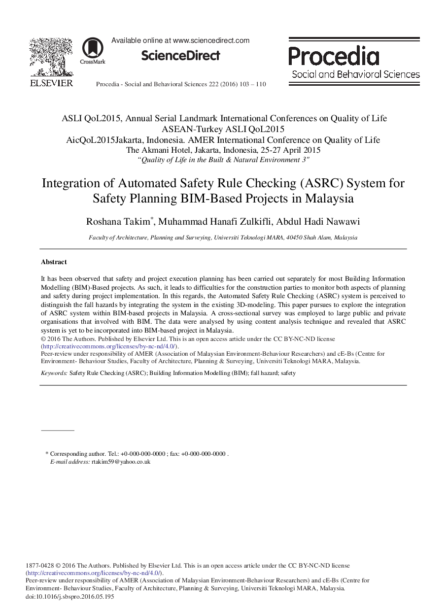 Integration of Automated Safety Rule Checking (ASRC) System for Safety Planning BIM-Based Projects in Malaysia 