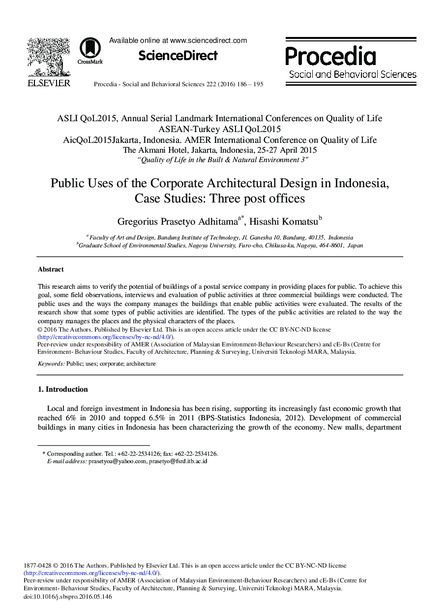 Public Uses of the Corporate Architectural Design in Indonesia, Case Studies: Three Post Offices 