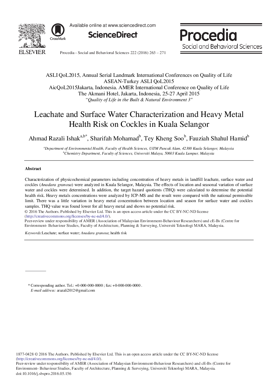 Leachate and Surface Water Characterization and Heavy Metal Health Risk on Cockles in Kuala Selangor 