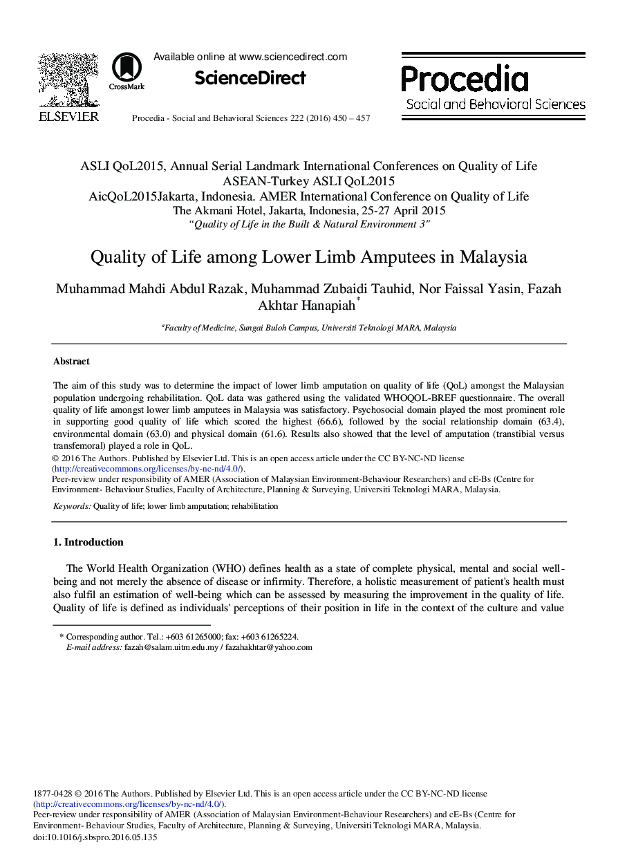 Quality of Life among Lower Limb Amputees in Malaysia 