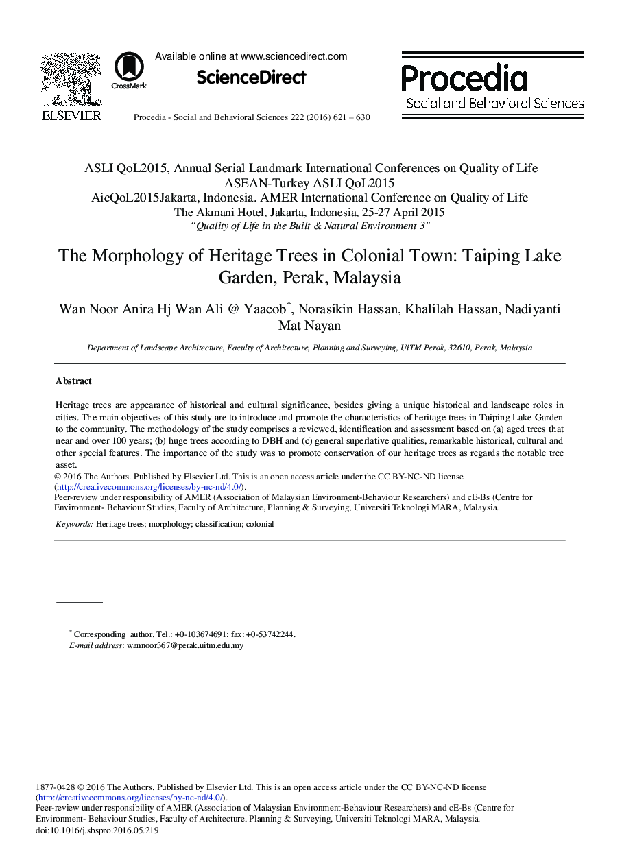 The Morphology of Heritage Trees in Colonial Town: Taiping Lake Garden, Perak, Malaysia 