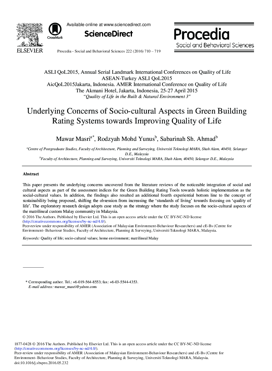 Underlying Concerns of Socio-cultural Aspects in Green Building Rating Systems towards Improving Quality of Life 