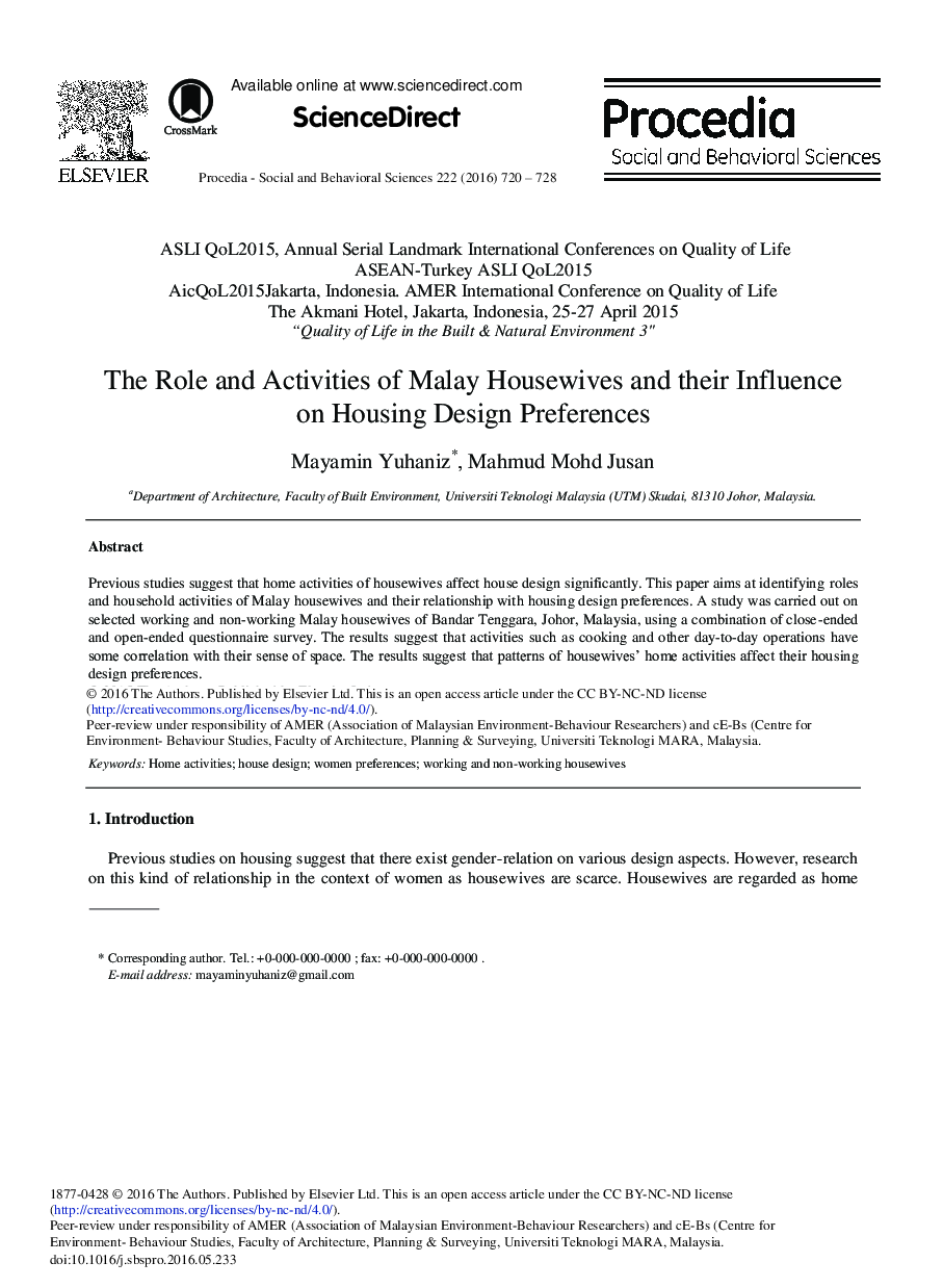 The Role and Activities of Malay Housewives and their Influence on Housing Design Preferences 