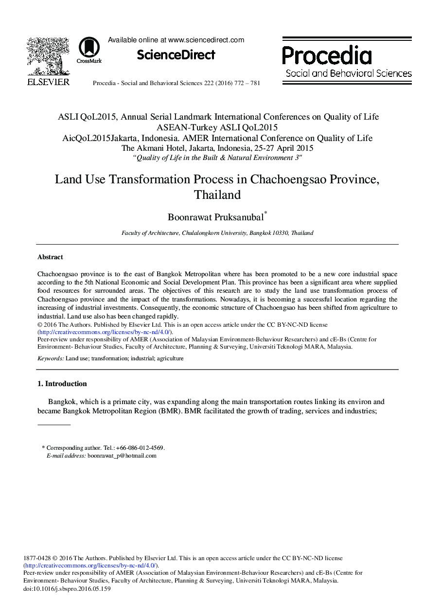 Land Use Transformation Process in Chachoengsao Province, Thailand 