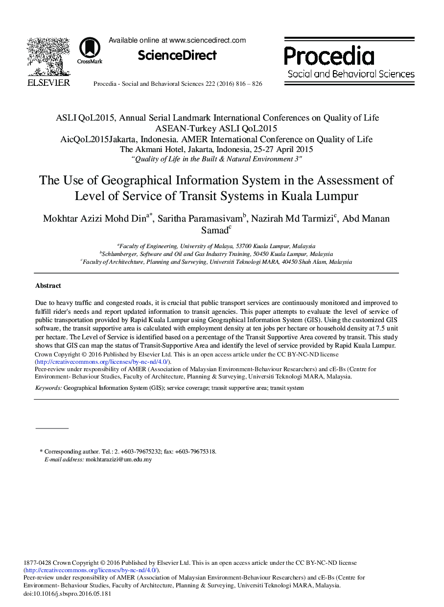 The Use of Geographical Information System in the Assessment of Level of Service of Transit Systems in Kuala Lumpur 