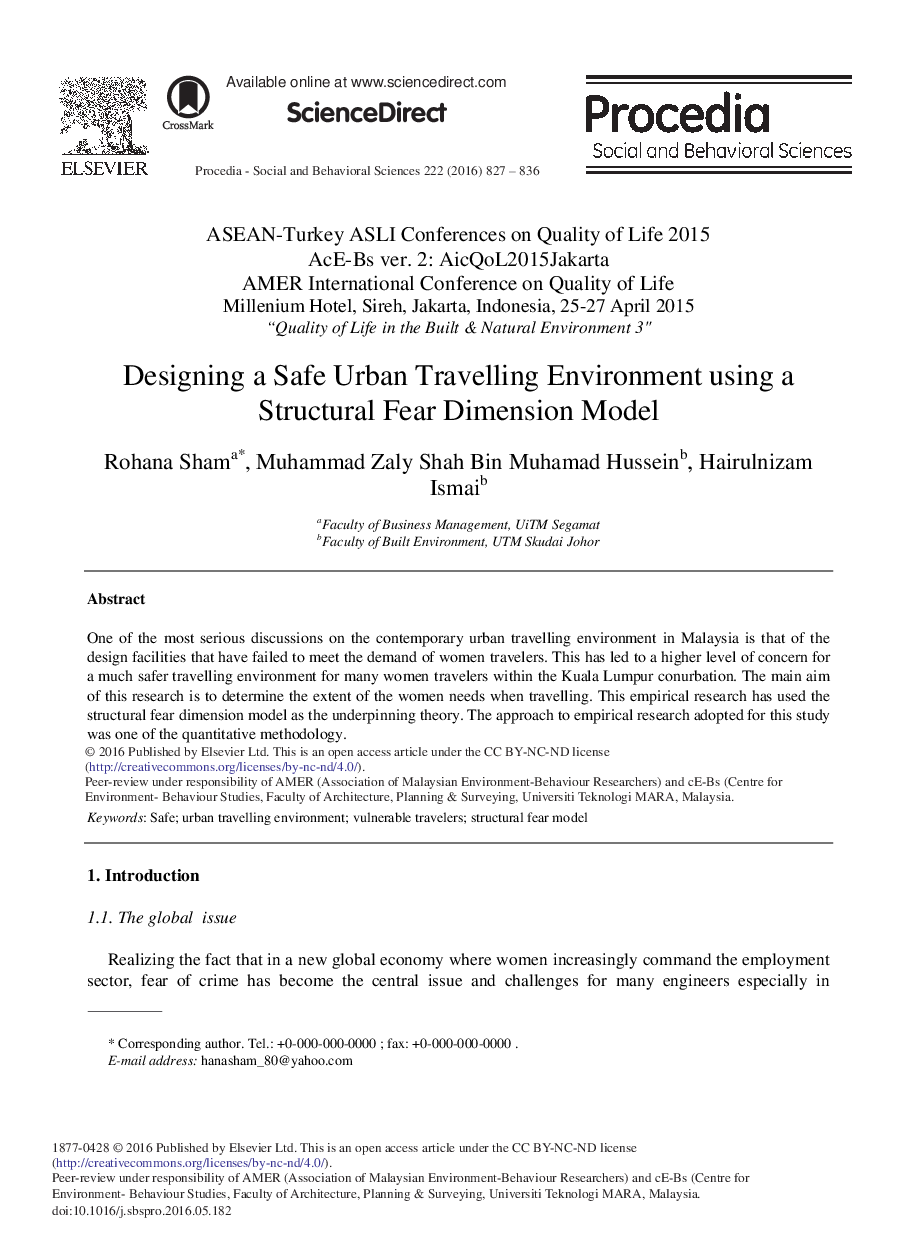 Designing a Safe Urban Travelling Environment Using a Structural Fear Dimension Model 