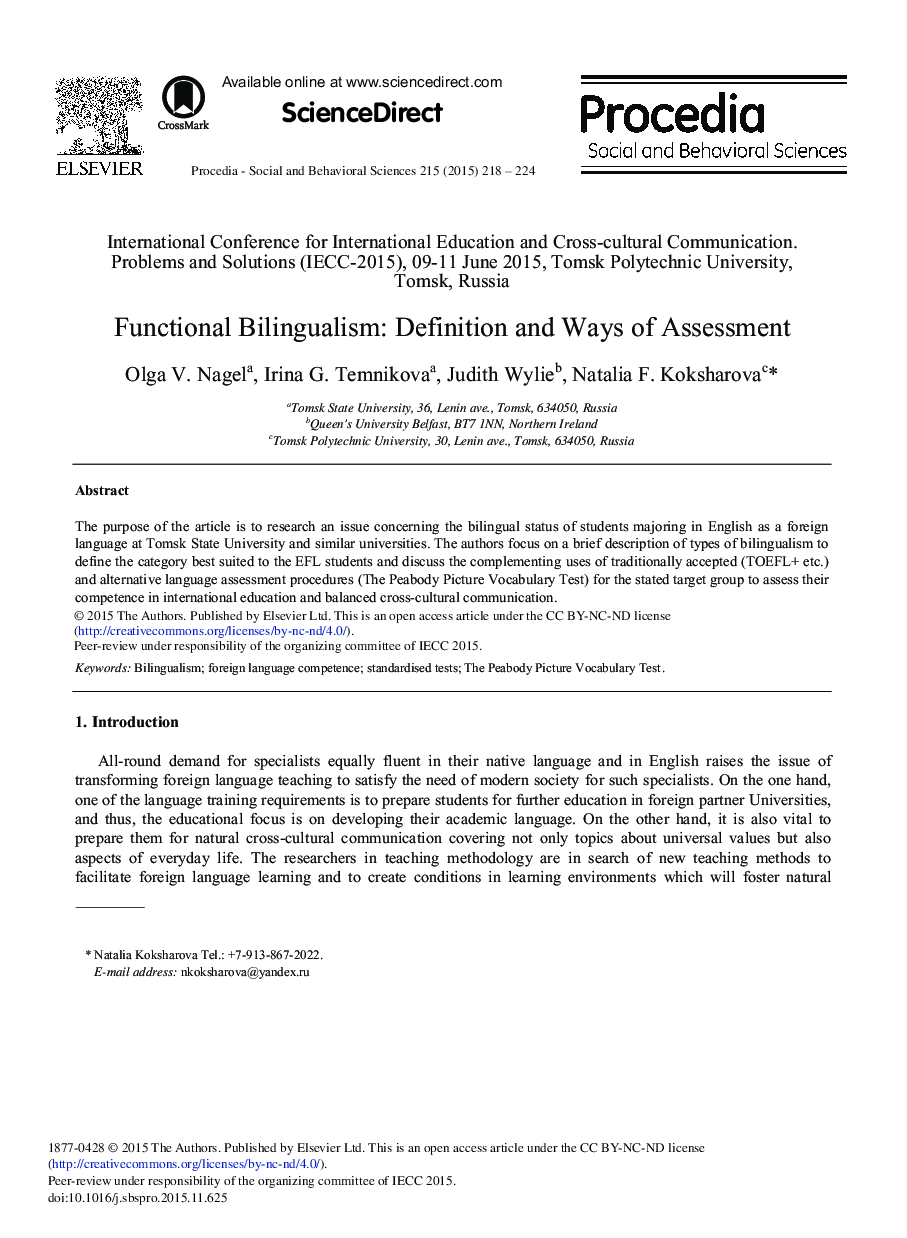 Functional Bilingualism: Definition and Ways of Assessment 