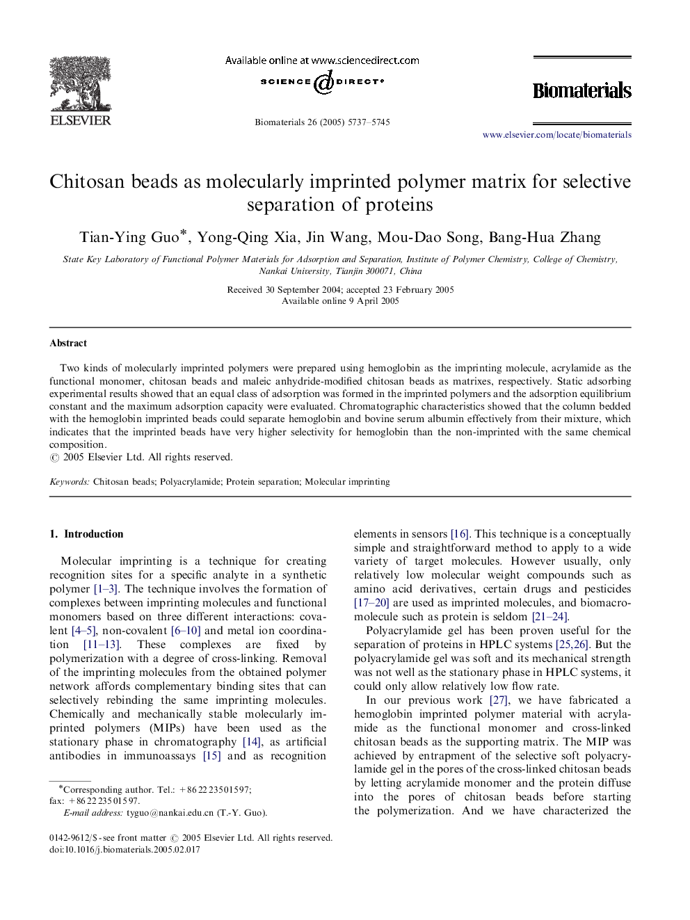 Chitosan beads as molecularly imprinted polymer matrix for selective separation of proteins