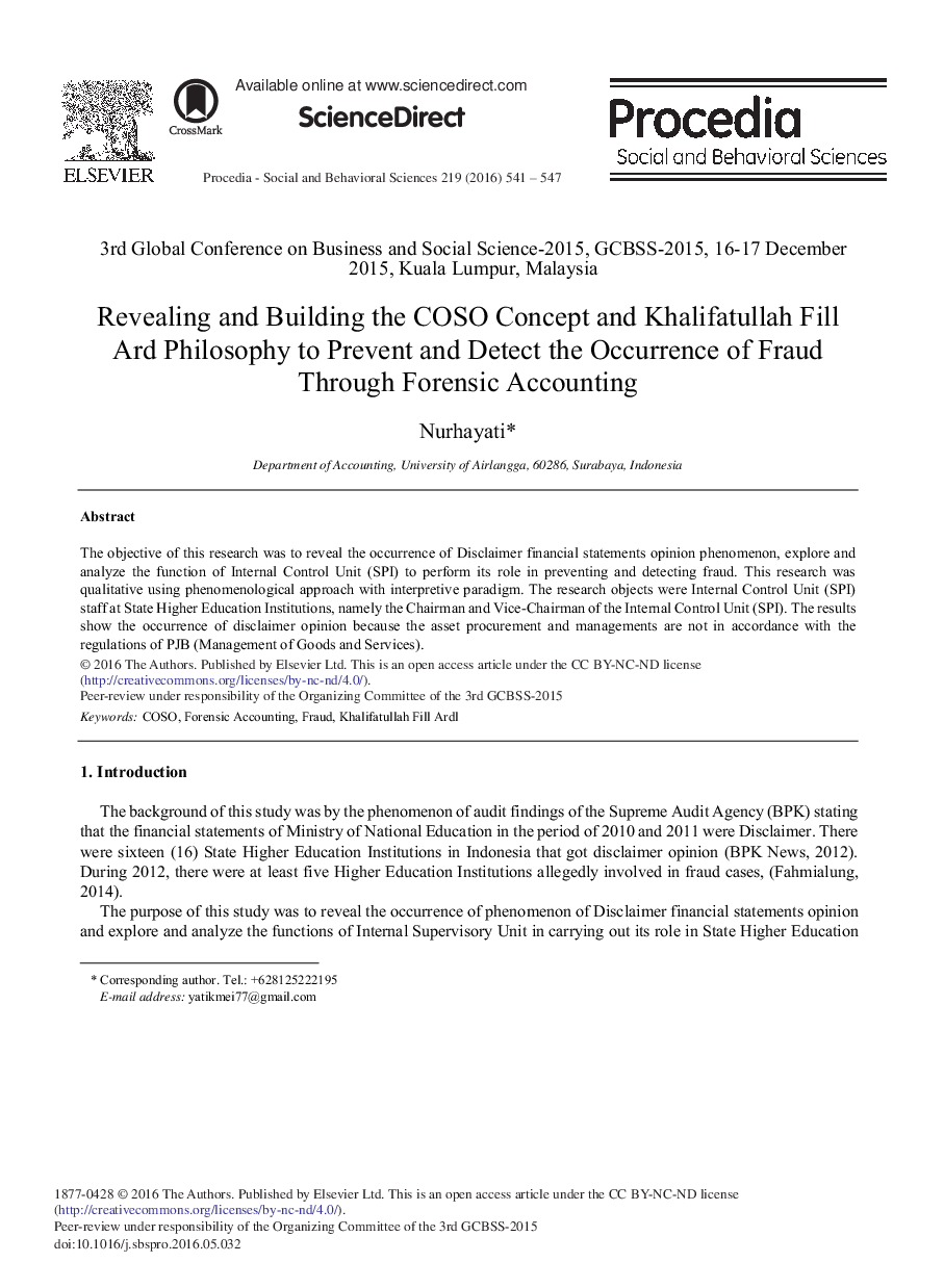 Revealing and Building the COSO Concept and Khalifatullah Fill Ard Philosophy to Prevent and Detect the Occurrence of Fraud Through Forensic Accounting 