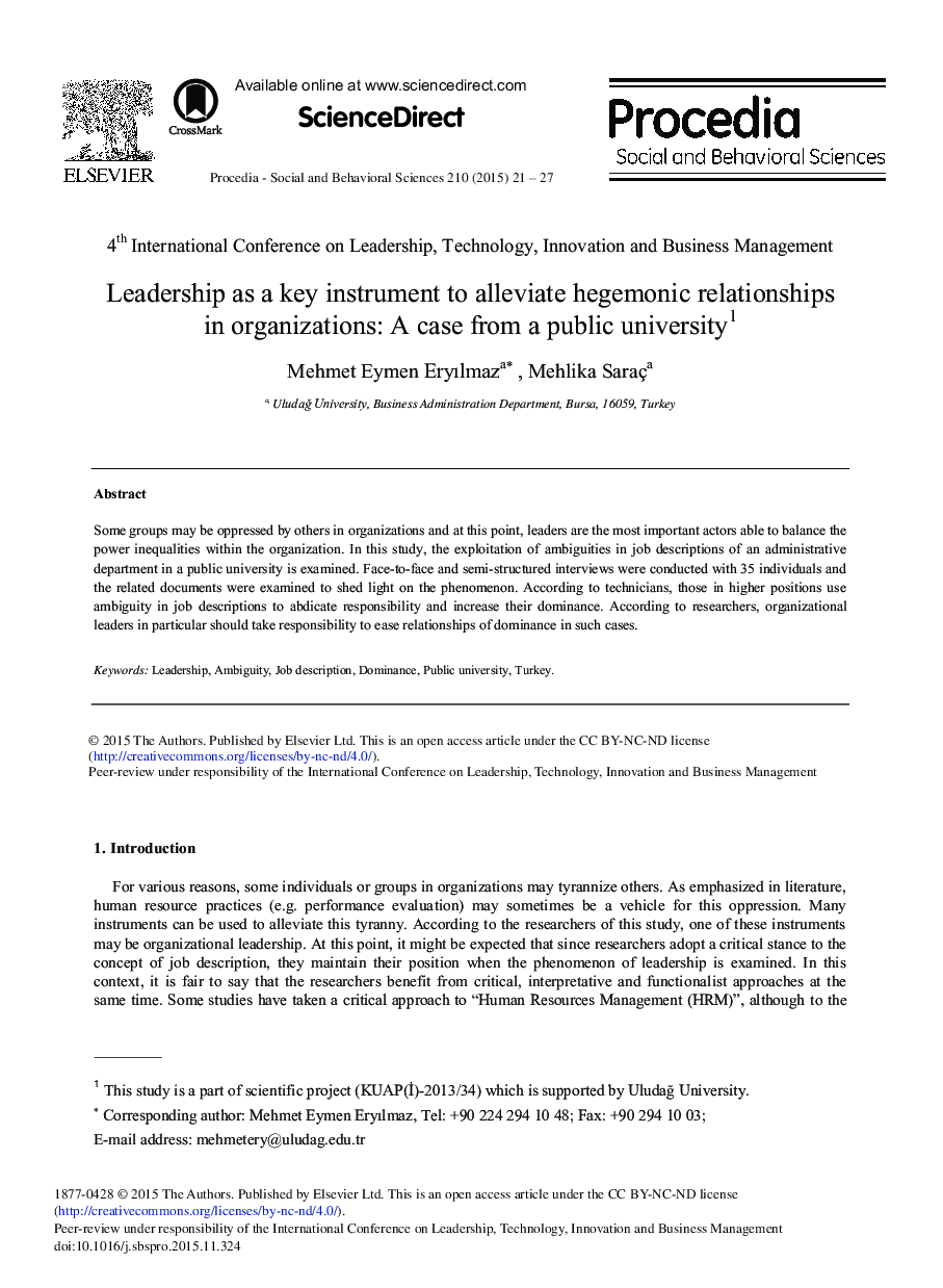 Leadership as a Key Instrument to Alleviate Hegemonic Relationships in Organizations: A Case from a Public University1 