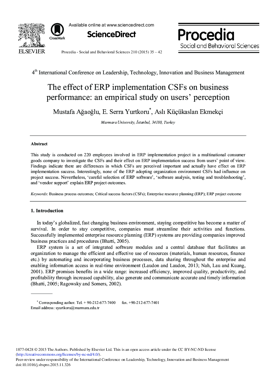 The Effect of ERP Implementation CSFs on Business Performance: An Empirical Study on Users’ Perception 