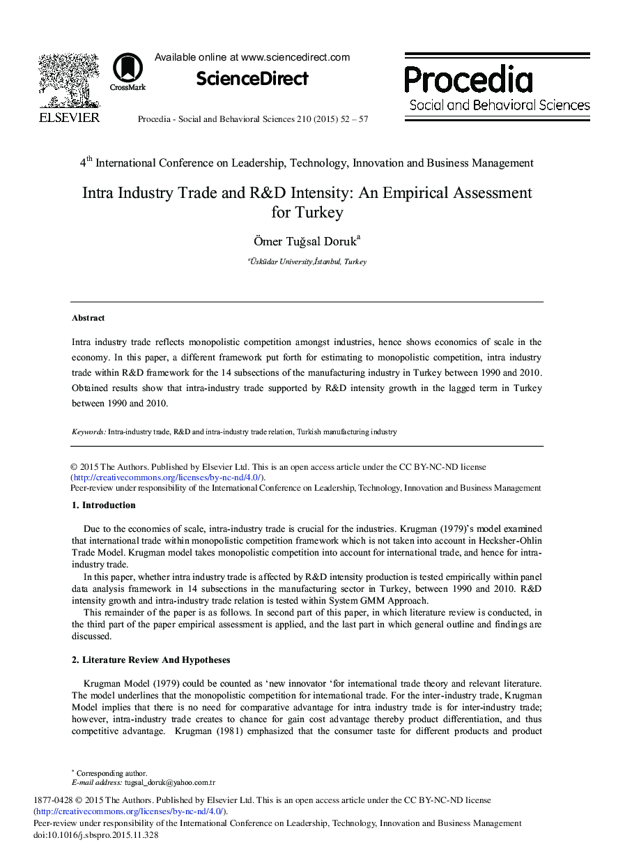 Intra Industry Trade and R&D Intensity: An Empirical Assessment for Turkey 