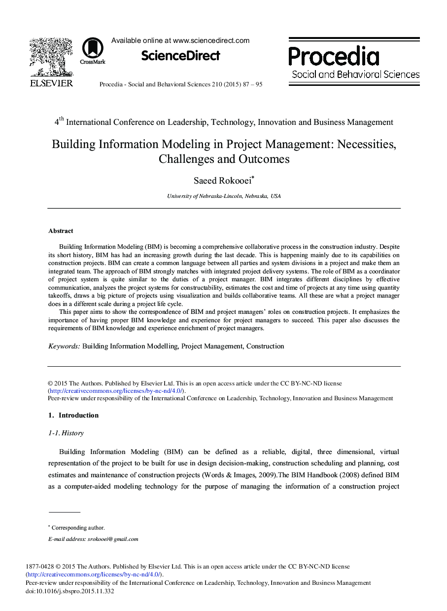 Building Information Modeling in Project Management: Necessities, Challenges and Outcomes 