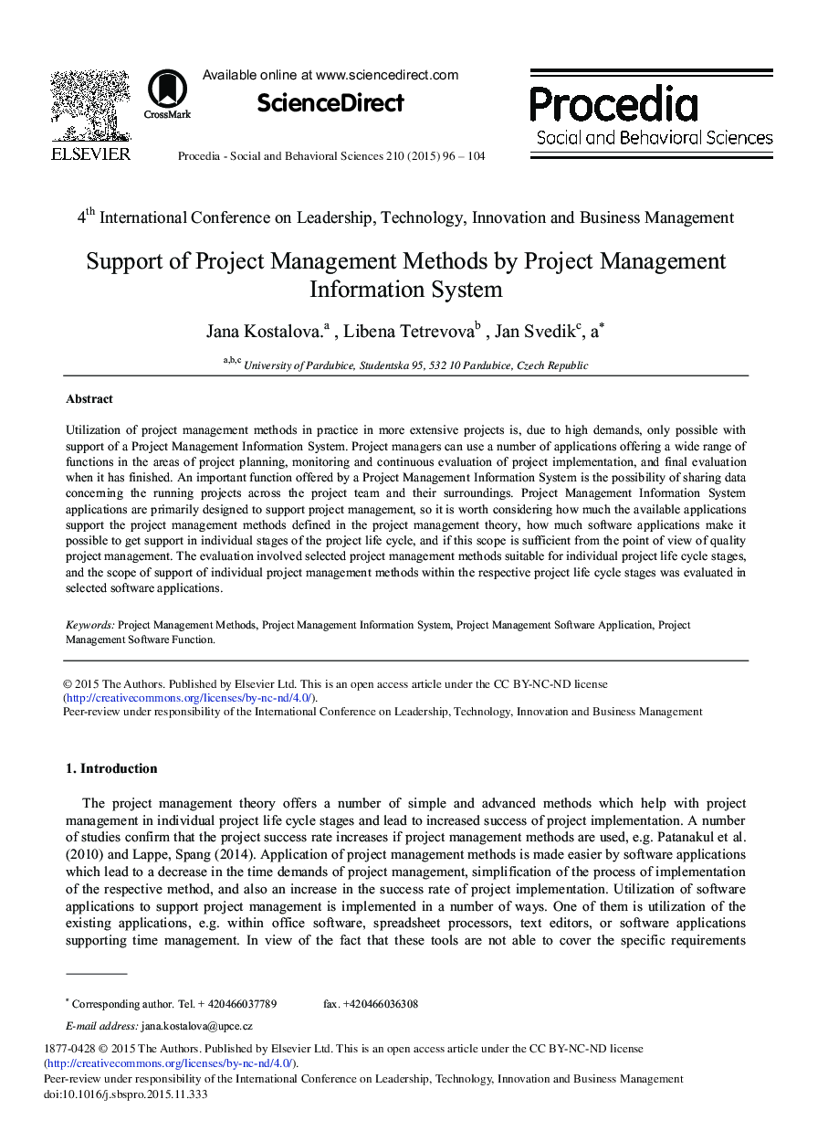 Support of Project Management Methods by Project Management Information System 