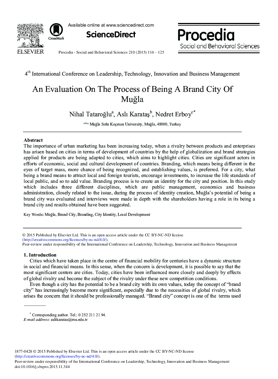 An Evaluation on the Process of Being a Brand City of Muğla 