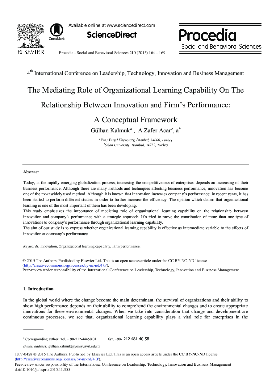 The Mediating Role of Organizational Learning Capability on the Relationship Between Innovation and Firm's Performance: A Conceptual Framework 