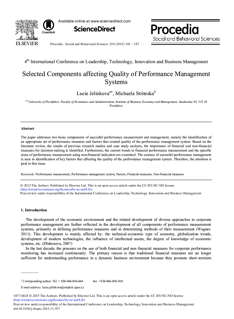 Selected Components Affecting Quality of Performance Management Systems 