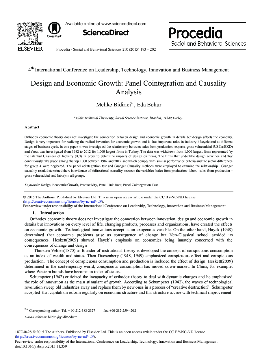 Design and Economic Growth: Panel Cointegration and Causality Analysis 