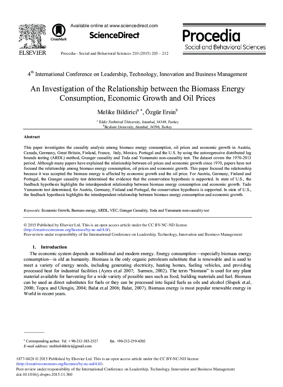 An Investigation of the Relationship between the Biomass Energy Consumption, Economic Growth and Oil Prices 