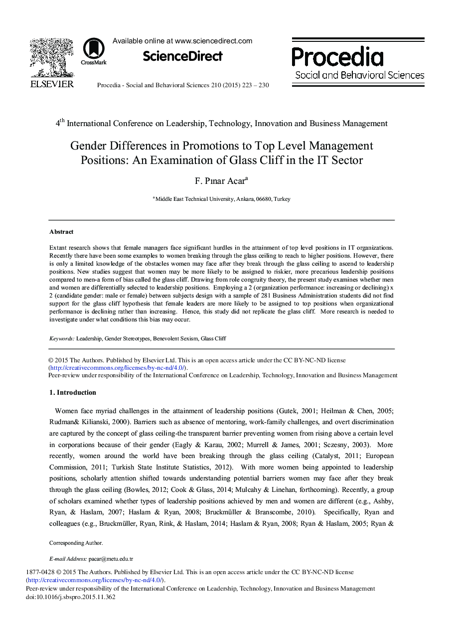 Gender Differences in Promotions to Top Level Management Positions: An Examination of Glass Cliff in the IT Sector 