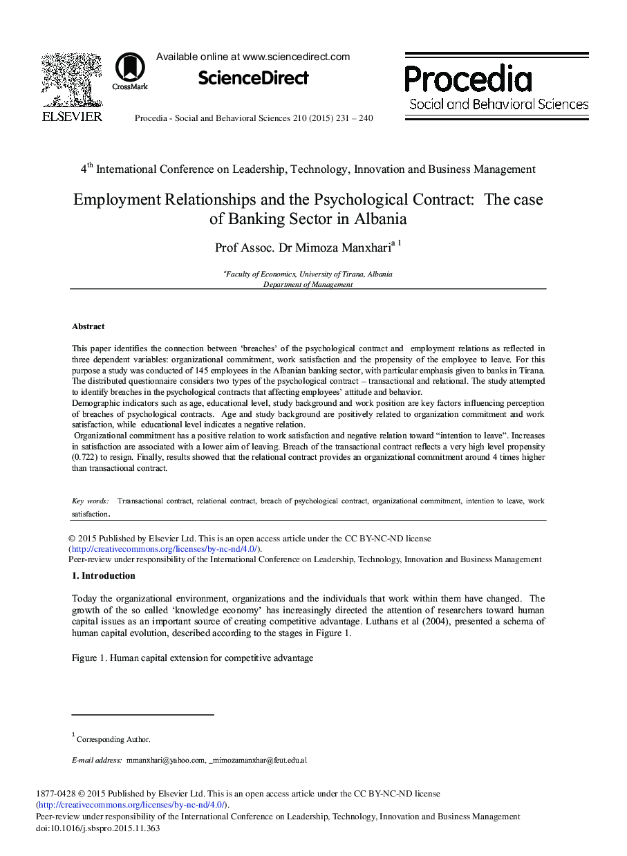 Employment Relationships and the Psychological Contract: The Case of Banking Sector in Albania 