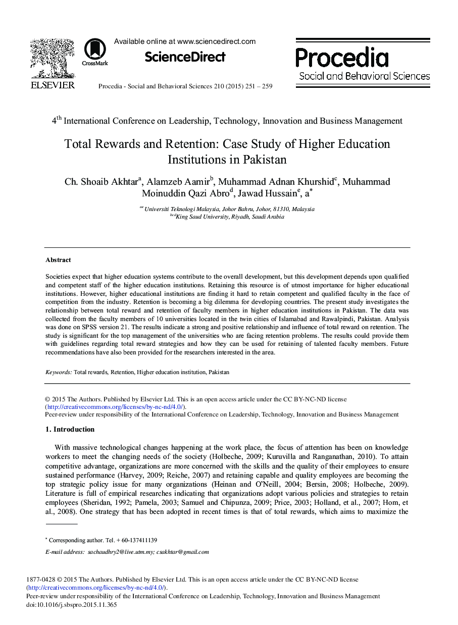 Total Rewards and Retention: Case Study of Higher Education Institutions in Pakistan 