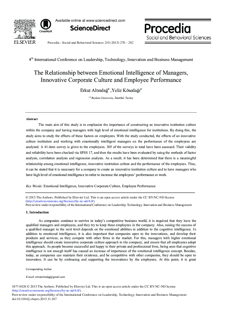 The Relationship Between Emotional Intelligence of Managers, Innovative Corporate Culture and Employee Performance 