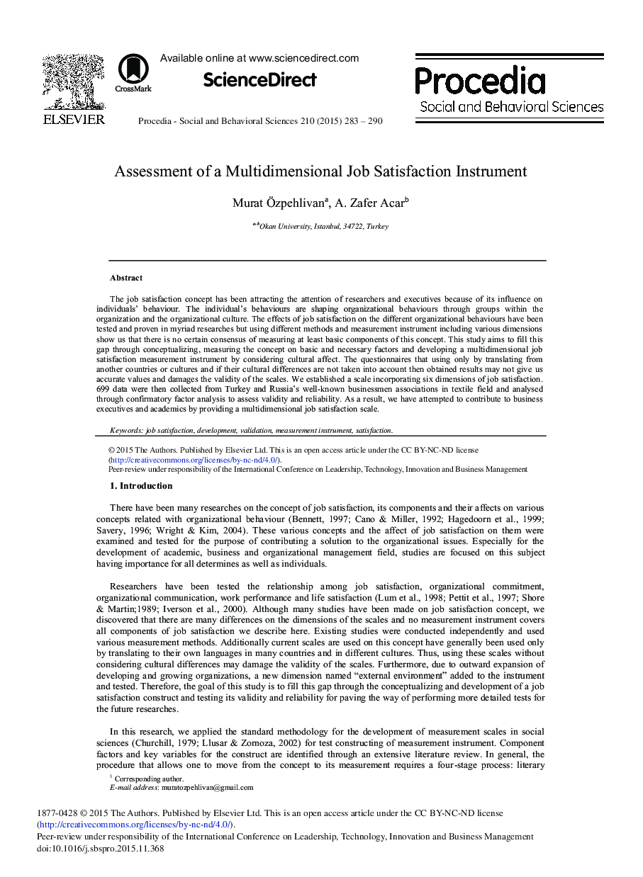 Assessment of a Multidimensional Job Satisfaction Instrument 