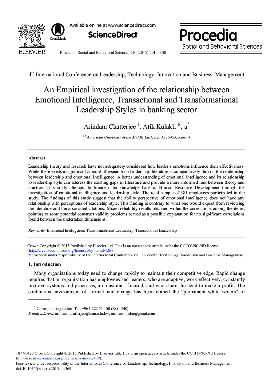 An Empirical Investigation of the Relationship Between Emotional Intelligence, Transactional and Transformational Leadership Styles in Banking Sector 