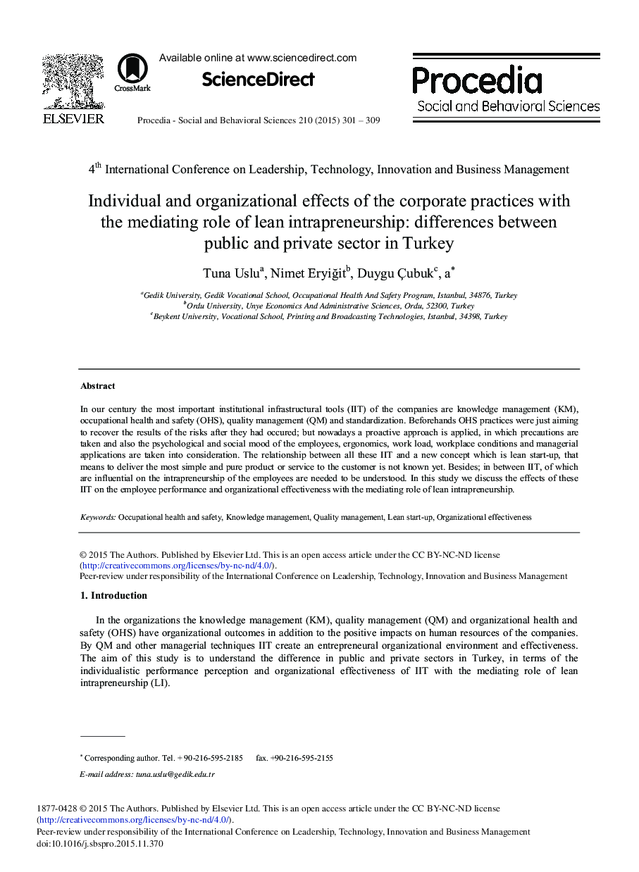 Individual and Organizational Effects of the Corporate Practices with the Mediating Role of Lean Intrapreneurship: Differences between Public and Private Sector in Turkey 