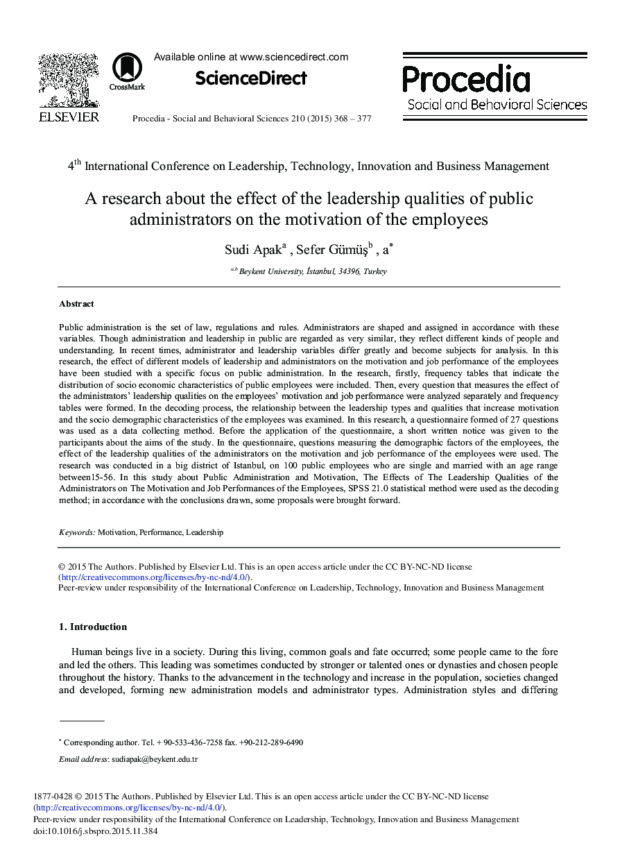 A Research about the Effect of the Leadership Qualities of Public Administrators on the Motivation of the Employees 