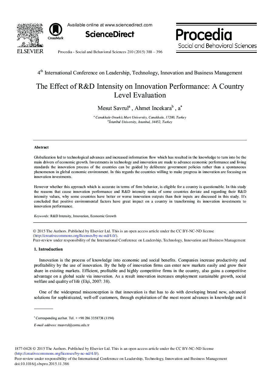 The Effect of R&D Intensity on Innovation Performance: A Country Level Evaluation 