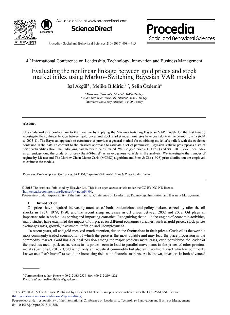 Evaluating the Nonlinear Linkage between Gold Prices and Stock Market Index Using Markov-Switching Bayesian VAR Models 