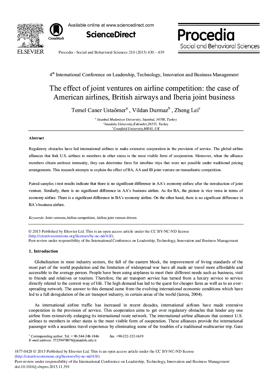 The Effect of Joint Ventures on Airline Competition: The Case of American Airlines, British Airways and Iberia Joint Business 