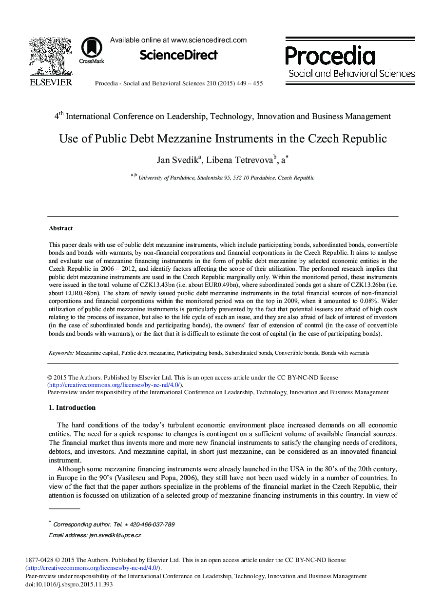 Use of Public Debt Mezzanine Instruments in the Czech Republic 