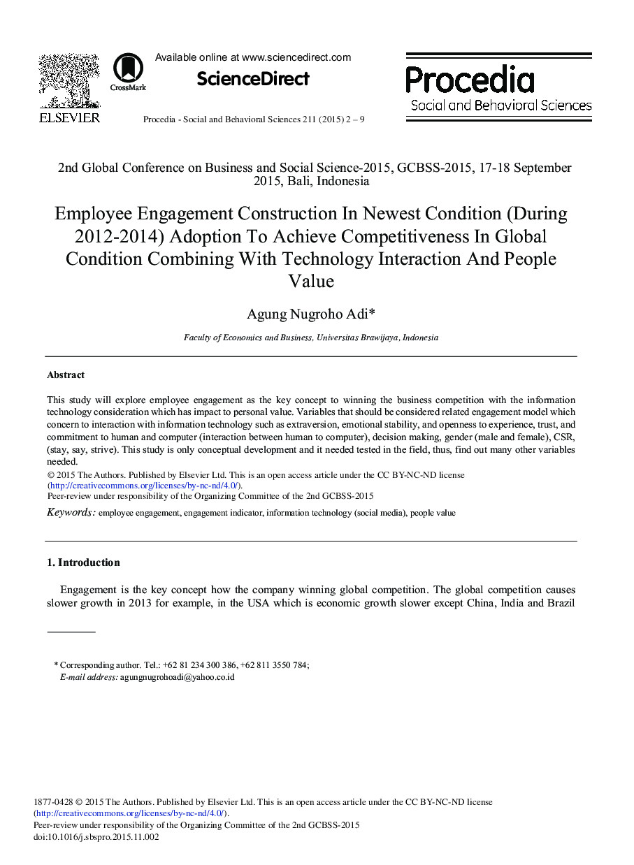 Employee Engagement Construction in Newest Condition (During 2012-2014) Adoption to Achieve Competitiveness in Global Condition Combining with Technology Interaction and People Value 