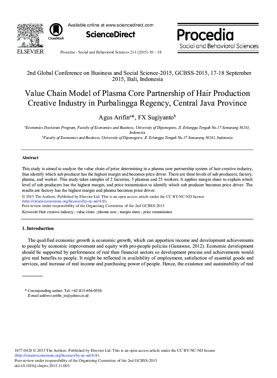 Value Chain Model of Plasma Core Partnership of Hair Production Creative Industry in Purbalingga Regency, Central Java Province 