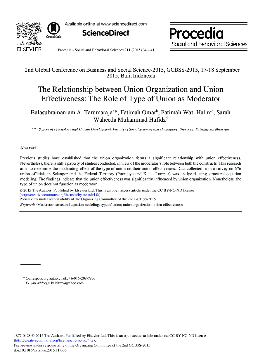 The Relationship between Union Organization and Union Effectiveness: The Role of Type of Union as Moderator 