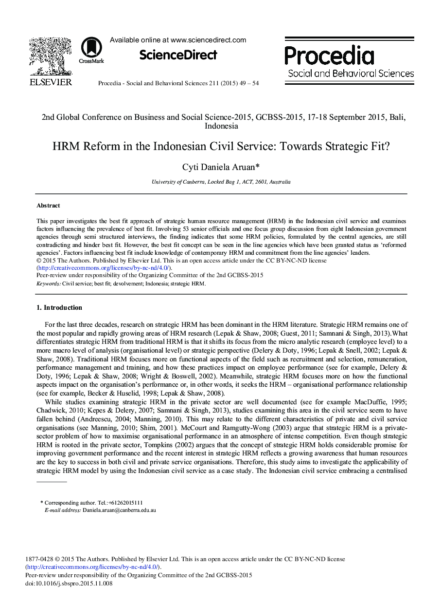 HRM Reform in the Indonesian Civil Service: Towards Strategic Fit? 