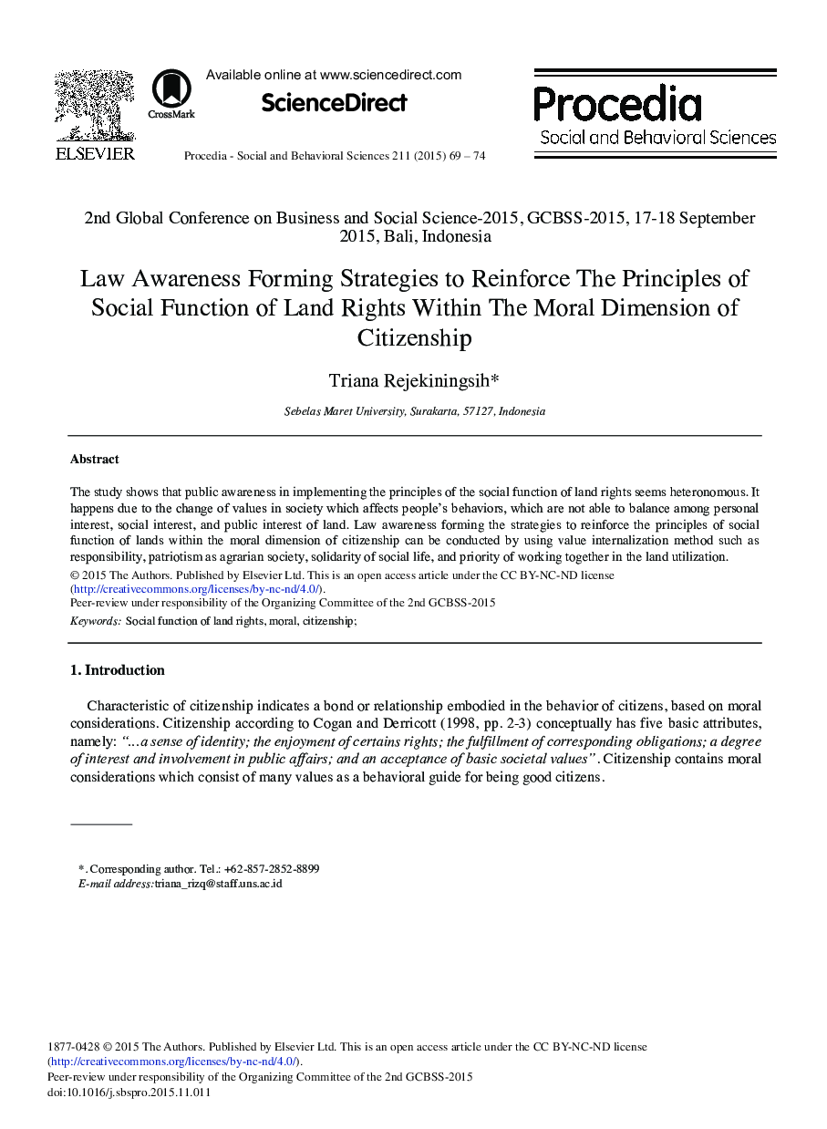 Law Awareness Forming Strategies to Reinforce The Principles of Social Function of Land Rights Within The Moral Dimension of Citizenship 